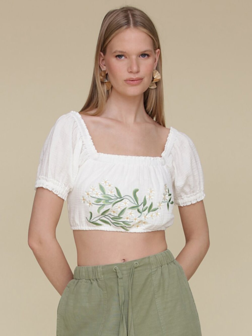 Avec Les Filles White Green Embroidered Cotton Puff Sleeve Crop Boho Top XL NWT